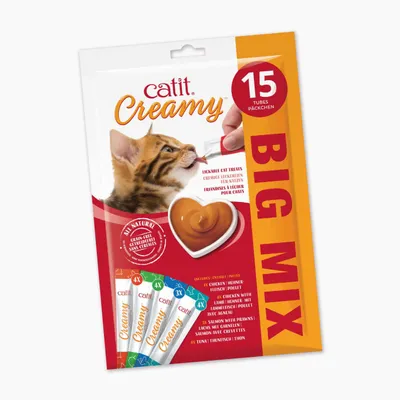 catit Creamy BIG MIX, 15 putken pakkaus. Viljaton, kermainen herkku kissoille, maut: kana, kana ja lammas, lohi ja katkarapu, tonnikala. catit Creamy BIG MIX, 15 putken pakkaus. Viljaton, kermainen herkku kissoille, maut: kana, kana ja lammas, lohi ja katkarapu, tonnikala.