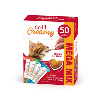 catit Creamy Mega Mix, 50 putkea, nuoltavat kissanherkut. Sisältää: 15 x kanaa, 10 x kanaa ja lammasta, 10 x lohta ja katkarapuja, 15 x tonnikalaa.