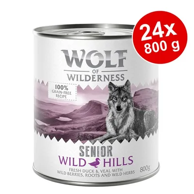 Wolf of Wilderness Senior Wild Hills nedves eledel, 24x800g, friss kacsa és borjú bogyókkal, gyökerekkel és gyógynövényekkel, 100% gabonamentes receptúra. Wolf of Wilderness Senior Wild Hills nedves eledel, 24x800g, friss kacsa és borjú bogyókkal, gyökerekkel és gyógynövényekkel, 100% gabonamentes receptúra.
