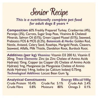 Senior Recipe for adult dogs 8 years+, composition: 60% turkey, cranberries 4%, parsnips 3%, carrots, peas, vitamins, minerals, salmon oil, botanicals. Protein 10.4%, fat 5.1%, fibre 0.8%.