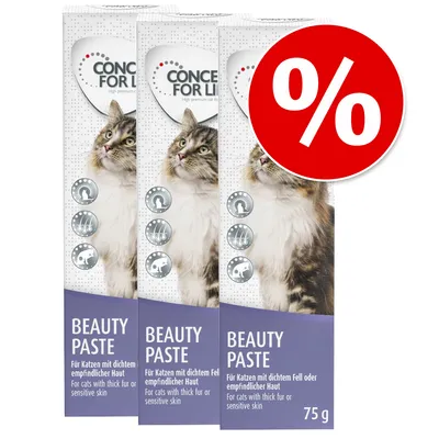 Lot de 3 tubes Concept for Life Beauty Paste pour chats, 75 g chacun. Texte visible : Für Katzen mit dichtem Fell oder empfindlicher Haut. Signe de réduction en rouge avec symbole %.