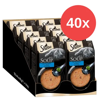 Sheba Soup mit Thunfisch, pack de 40 sobres (4 x 40 g cada uno), imagen del envase con sopa y gato en la portada. Texto visible: 'mit Thunfisch', 'x4 40g', '40x'. Sheba Soup mit Thunfisch, pack de 40 sobres (4 x 40 g cada uno), imagen del envase con sopa y gato en la portada. Texto visible: 'mit Thunfisch', 'x4 40g', '40x'.