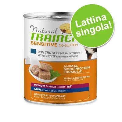 Natural Trainer Sensitive No Gluten con trota e cereali integrali, formula monoproteica animale, adult medium & maxi >11 kg, estratto di ananas. Bollino verde: lattina singola.