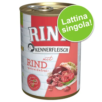 Rinti Kennerfleisch mit Rind, getreidefrei. Lattina singola. Immagine di carne e verdure sulla confezione.
