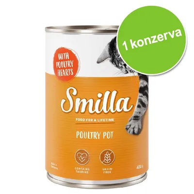 Smilla Poultry Pot srdcia hydiny, 400 g konzerva. Obsahuje taurín, bez obilnín. S nápisom '1 konzerva' na zelenej kruhovej nálepke. Smilla Poultry Pot srdcia hydiny, 400 g konzerva. Obsahuje taurín, bez obilnín. S nápisom '1 konzerva' na zelenej kruhovej nálepke.