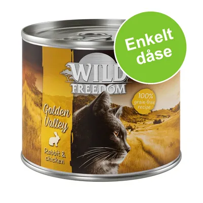 Wild Freedom Golden Valley Rabbit & chicken, 100% grain-free recipe, enkelt dåse. Dåse med billede af kat og landskab.