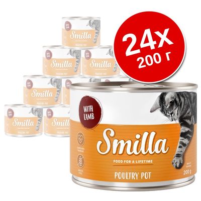 Набор из 24 консервов Smilla Poultry Pot с ягненком, по 200 г. На банке: WITH LAMB, содержит таурин, без зерна, изображение кошки.