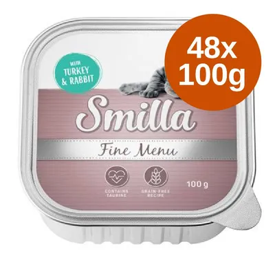 Smilla Fine Menu con tacchino e coniglio, confezione da 48 vaschette da 100 g. Testo visibile: contains taurine, grain-free recipe, 100 g.