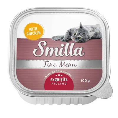 Smilla Fine Menu s kuracím, hovädzím a mrkvou. Exkluzívna náplň, 100 g. Na obale je sivá mačka.