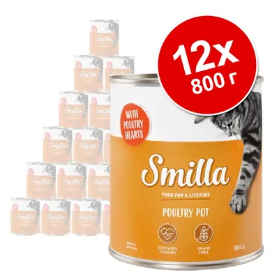 Smilla Poultry Pot с пилешки сърца, 12×800 г консерви за котки. Видим текст: WITH POULTRY HEARTS, CONTAINS TAURINE, GRAIN-FREE, Made in Germany.