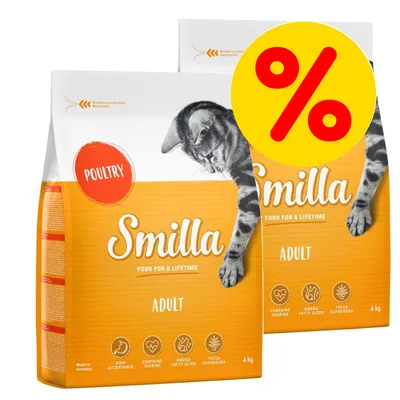 Smilla Adult kattefoder, 4 kg poser med teksten 'Poultry', 'Food for a lifetime', 'Contains taurine', 'Omega fatty acids', 'Yucca schidigera' og gult procenttegn tilbudsmærke.