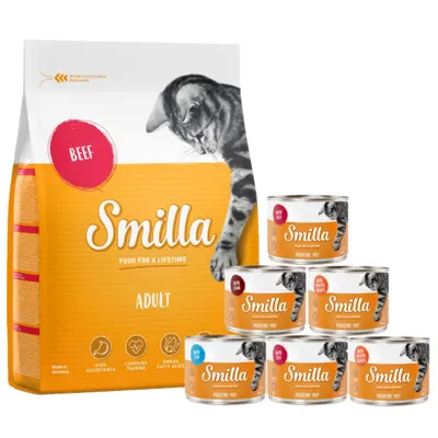 Smilla ração 4 kg + latas 6 x 200 g - Pack misto - 4 kg Adult com vaca + 6 x 200 Pedaços Tenros de aves pack misto