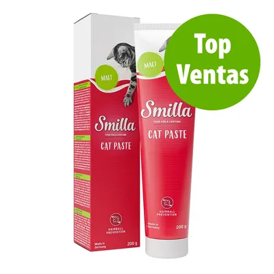 Smilla Cat Paste, tubo de 200 g y caja con texto 'Hairball Prevention', 'Made in Germany' y círculo verde 'Malt'. Distintivo verde: Top Ventas.