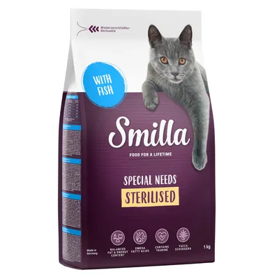 Smilla Special Needs Sterilised kattefoder med fisk, genlukkelig emballage, Made in Germany, indeholder omega-fedtsyrer, taurin og Yucca Schidigera, 1 kg.