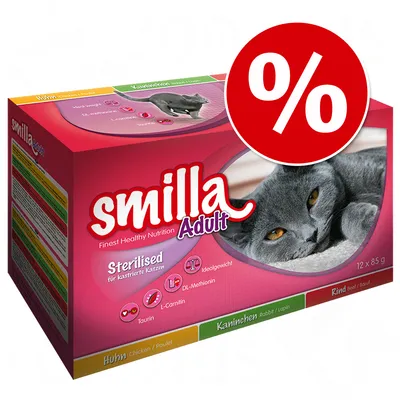 Pachet Smilla Adult Sterilised pentru pisici castrate, 12 x 85 g. Vizibil: taurina, L-carnitină, DL-metionină, Huhn, Kaninchen, Rind. Semn promoțional procentual pe ambalaj.