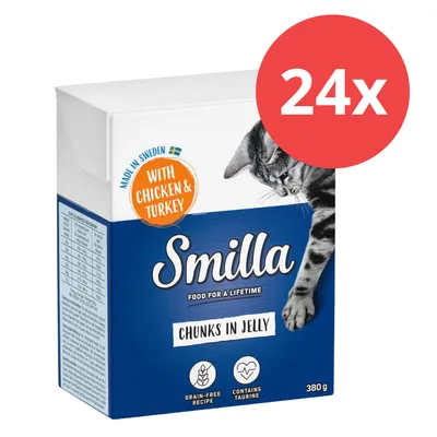 Smilla Chunks in Jelly, Made in Sweden, mit Huhn und Truthahn, getreidefreie Rezeptur, enthält Taurin, Packung à 380g, 24x verfügbar.