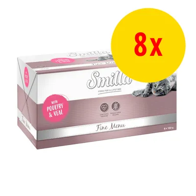 Smilla Fine Menu kattemad, 8 x 100 g. Tekst: with poultry & veal, contains taurine, grain free recipe. Billede af kat på emballagen.