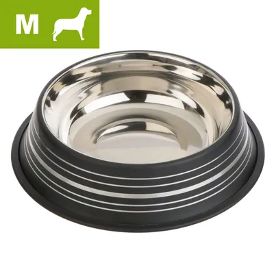 Metalskål med sorte og sølvfarvede striber, størrelse M vist med hvid hundesilhuet og bogstavet M i grøn boks øverst til venstre.