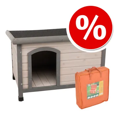 Holzhundehütte mit schwarzem Dach und orangefarbene Schutzhülle. Rotes Prozentzeichen für Rabattaktion sichtbar.