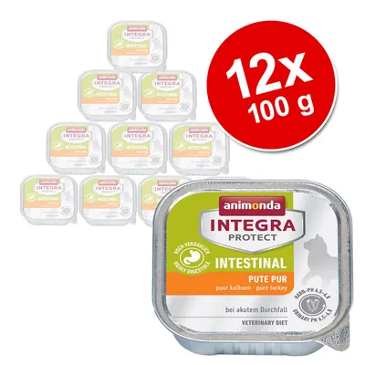 animonda INTEGRA PROTECT INTESTINAL PUTE PUR, lot de 12 barquettes de 100 g, mention « highly digestible », alimentation vétérinaire pour chats, texte en allemand et néerlandais visible animonda INTEGRA PROTECT INTESTINAL PUTE PUR, lot de 12 barquettes de 100 g, mention « highly digestible », alimentation vétérinaire pour chats, texte en allemand et néerlandais visible