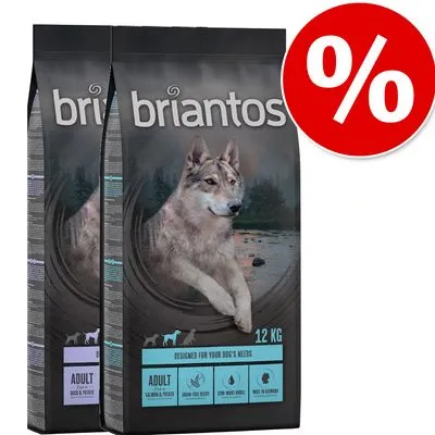 2 sacos de ração Briantos Adult, 12 kg cada, com imagem de cão na embalagem e símbolo de percentagem em fundo vermelho no canto superior direito.