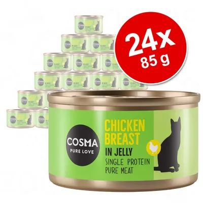 Cosma Pure Love Chicken Breast in Jelly, Single Protein Pure Meat, zestaw 24 puszek po 85 g. Widoczna etykieta z sylwetką kota i kurczakiem.