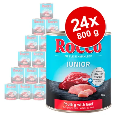 Set 24 conserve Rocco Junior, 800 g fiecare. Text vizibil: Poultry with beef, supports healthy growth, plus calcium. Imagine cu carne de vită și pasăre pe etichetă.