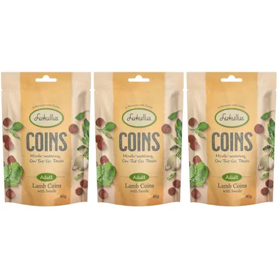 Lukullus Coins Adult, Lamb Coins with Swede, 80g. Mouth-watering, On-The-Go Treats. In Harmony with Nature.