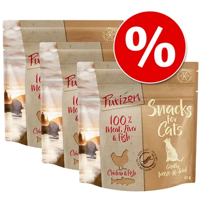Purizon Snacks for Cats, 100% Meat, Liver & Fish, Chicken & Fish, Gently freeze dried, 40 г, изображены три упаковки и знак процента для акции