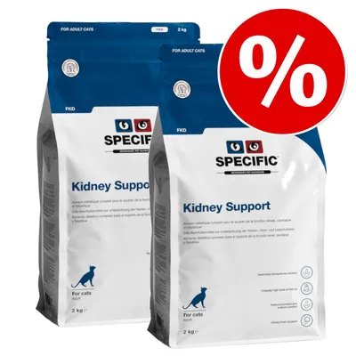 Specific Kidney Support för vuxna katter, dietiskt helfoder för stöd av njur-, hjärt- och leverfunktion. Förpackningsstorlek: 2 kg. Erbjudande med röd procentsymbol.