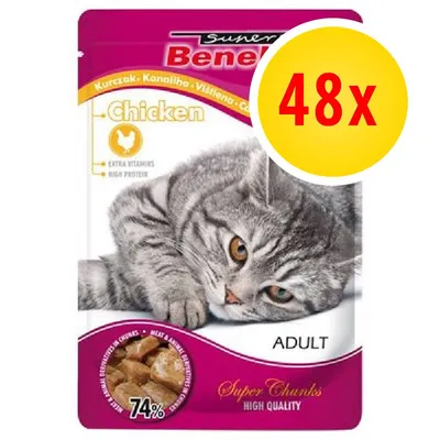 Benek Chicken Adult, 48x bustine, extra vitamins, high protein, 74%, Super Chunks High Quality. Immagine di un gatto grigio su confezione per gatti adulti.
