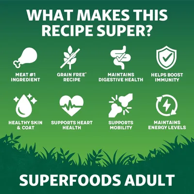 Key features: meat as number one ingredient, grain free recipe, supports digestive health, boosts immunity, healthy skin and coat, heart health, mobility, energy. Superfoods Adult.
