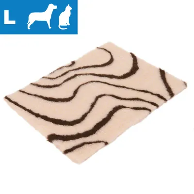 Podložka s černobílým vlnkovaným vzorem, materiál textil. V levém rohu modrá ikona psa a kočky s písmenem L. Podložka s černobílým vlnkovaným vzorem, materiál textil. V levém rohu modrá ikona psa a kočky s písmenem L.