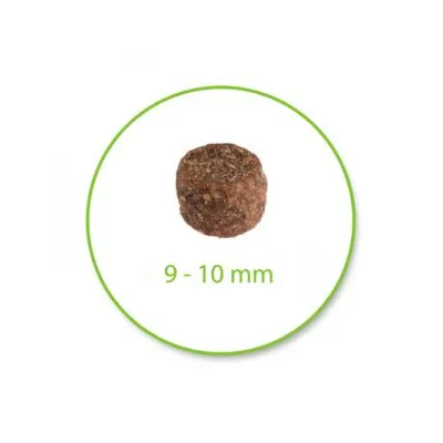 Croquete redondo de ração com indicação do tamanho: 9–10 mm