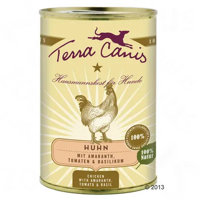 Terra Canis Huhn natvoer voor honden, met amarant, tomaten en basilicum. Tekst: 100% Natur, 100% Lebensmittelqualität, Hausmannskost für Hunde, Chicken with amaranth, tomato & basil.
