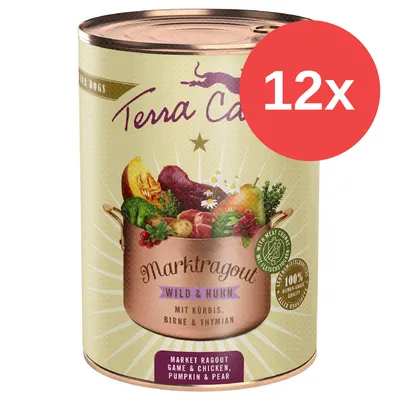 Lata de comida para perros Terra Canis Marktragout Wild & Huhn, con texto '12x' en círculo rojo. Etiqueta: mit Kürbis, Birne & Thymian. Market ragout game & chicken, pumpkin & pear. Lata de comida para perros Terra Canis Marktragout Wild & Huhn, con texto '12x' en círculo rojo. Etiqueta: mit Kürbis, Birne & Thymian. Market ragout game & chicken, pumpkin & pear.