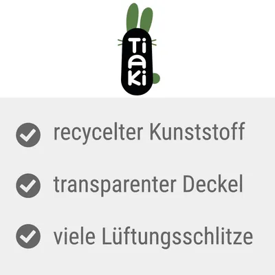 Tiaki. Eigenschaften: recycelter Kunststoff, transparenter Deckel, viele Lüftungsschlitze.