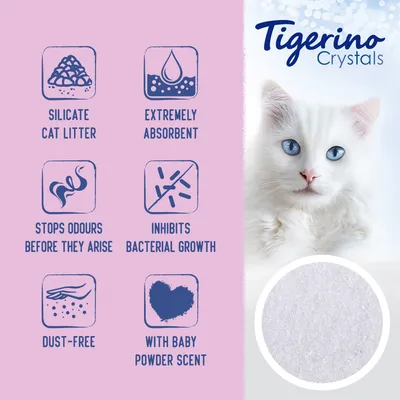 Tigerino Crystals silikaattikissanhiekka, erittäin imukykyinen, ehkäisee hajuja ja bakteerikasvua, pölytön, vauvantalkin tuoksu. Teksti englanniksi.