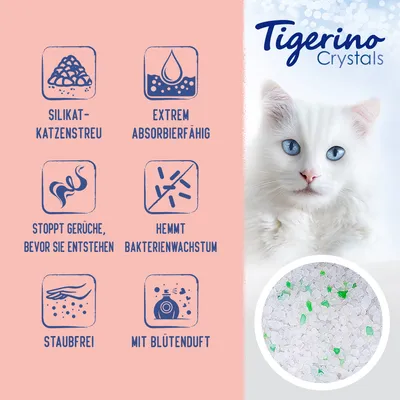 Tigerino Crystals, texte en allemand : silikat-katzenstreu, extrem absorbierfähig, stoppt gerüche bevor sie entstehen, hemmt bakterienwachstum, staubfrei, mit blütenduft.