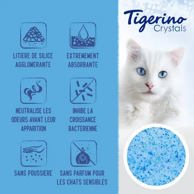 Tigerino Crystals. Litière de silice agglomérante, extrêmement absorbante, neutralise les odeurs, inhibe la croissance bactérienne, sans poussière, sans parfum pour chats sensibles.