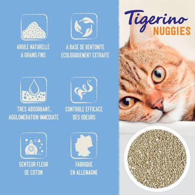 Tigerino Nuggies. Argile naturelle à grains fins, à base de bentonite écologiquement extraite, très absorbant, agglomération immédiate, contrôle efficace des odeurs, senteur fleur de coton, fabriqué en Allemagne.