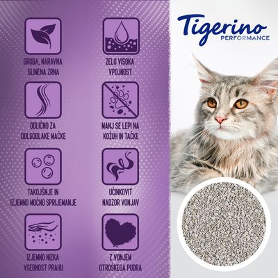 Tigerino Performance. Groba, naravna glinena zrna, zelo visoka vpojnost, odlično za dolgodlake mačke, manj se lepi na kožuh in tačke, izjemno nizka vsebnost prahu, vonj otroškega pudra.