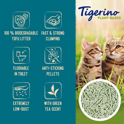 Tigerino Plant-Based kattenbakvulling, 100% biologisch afbreekbare tofu, snel klonterend, doorspoelbaar, anti-plak korrels, extreem stofarm, met groene theegeur. Tekst in het Engels.