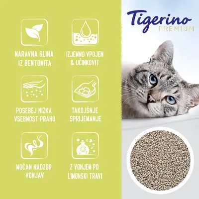 Tigerino Premium. Naravna glina iz bentonita, izjemno vpojen & učinkovit, posebej nizka vsebnost prahu, takojšnje sprijemanje, močan nadzor vonjav, z vonjem po limonski travi.