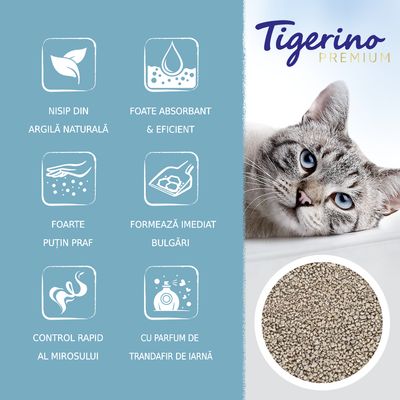Tigerino Premium. Nisip din argilă naturală, foarte absorbant și eficient, formează imediat bulgări, foarte puțin praf, control rapid al mirosului, cu parfum de trandafir de iarnă.