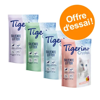 Quatre sacs de litière silicate Tigerino, textes visibles : Silicate Litter, Crystals, Classic, With Flower Scent, pictogrammes, Offre d’essai ! sur pastille orange.