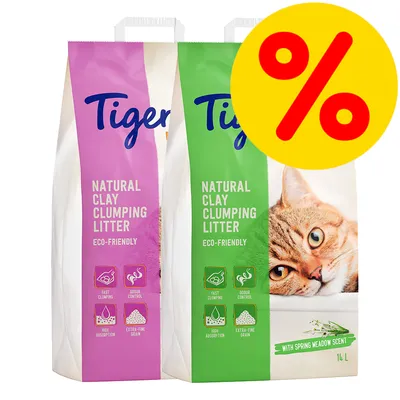 Tiger Natural Clay Clumping Litter, två förpackningar 14 l, text: eco-friendly, fast clumping, odour control, high absorption, extra-fine grain, med vårängsdoft, erbjudandeprocent-symbol.