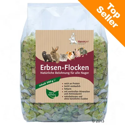 Hansepet Erbsen-Flocken, naturlig belöning för alla gnagare, 500 g. Text på tyska: rik på protein, lättsmält, fettsnål, 100 % grönsaker, utan konstgjorda tillsatser. Top Seller-märke.