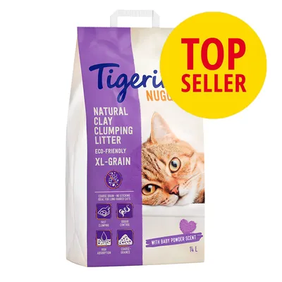 Tigerino Natural Clay Clumping Litter XL-Grain, 14 l, s vůní dětského pudru. TOP SELLER. Text: fast clumping, odour control, high absorption, coarse grained. Obrázek kočky na obalu.