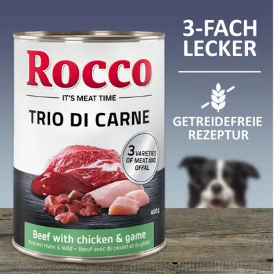 Rocco Trio di Carne, boîte 400 g. Bœuf avec poulet et gibier. Texte visible : 3 varieties of meat and offal, Getreidefreie Rezeptur, 3-fach lecker.